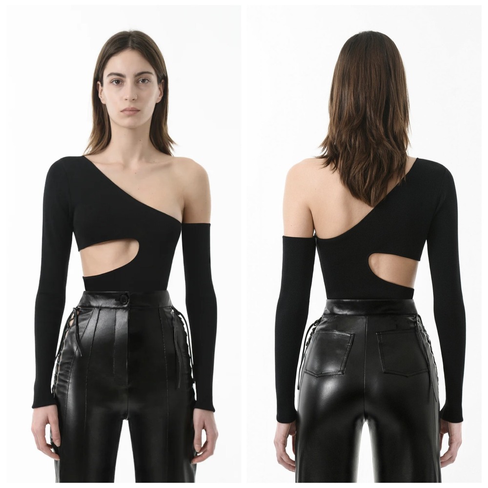Materiel Tbilisi Black One Shoulder Cutout Long Sleeve Bodysuit Size‎ S Size 4